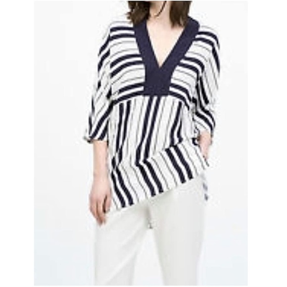 Zara Woman Navy White Striped V-Neck Hi-Low Side Slits Dolman Kimono Top Size XS - Picture 6 of 6